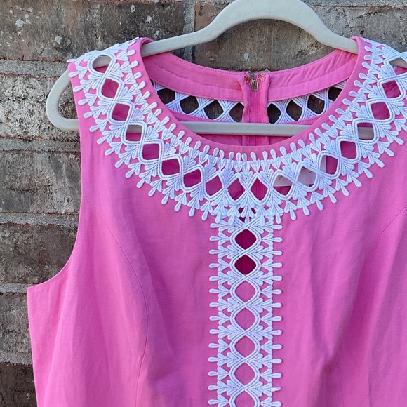 Take 50% OFF-Lilly Pulitzer Sleeveless Pink Shift Dress with White Crochet Sz-14 - Picture 5 of 10